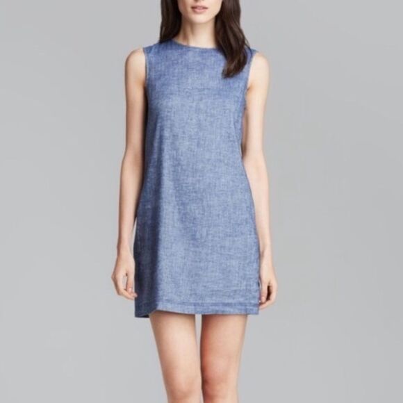THEORY Linen Adraya Tierra Sleeveless Mini Shift Dress Blue Denim 0 - Picture 7 of 9